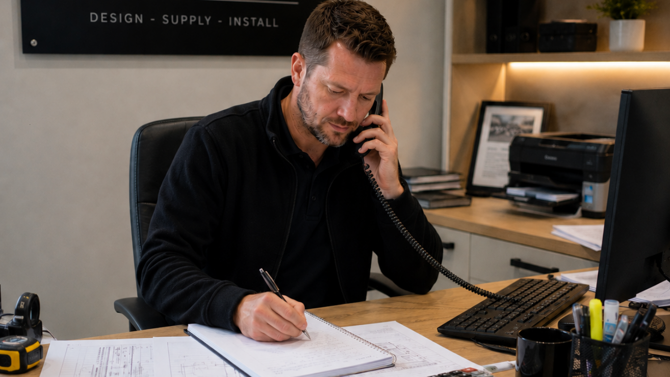 Installation business owner taking a phone call and writing notes at his desk