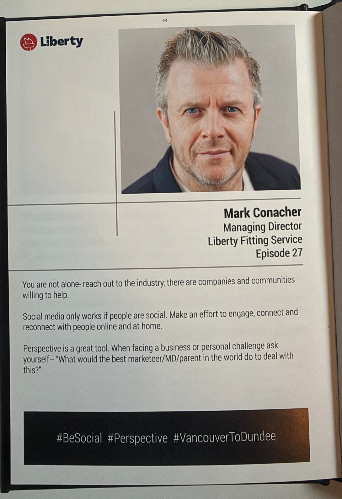 Original photographed Episode 27 book page with Mark Conacher’s portrait, Liberty role and interview messages